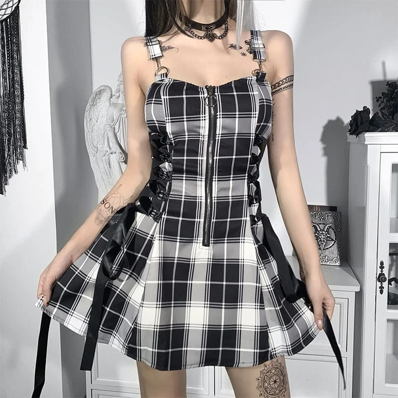 Resort Dresses for Vacation -Women's Grunge Strappy Plaid Slip Dress