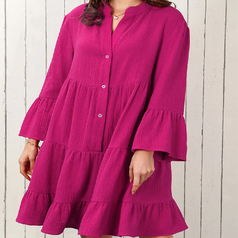 Office Dresses for Business -Solid Color Shirt Dress Women's Simple Pleated Loose