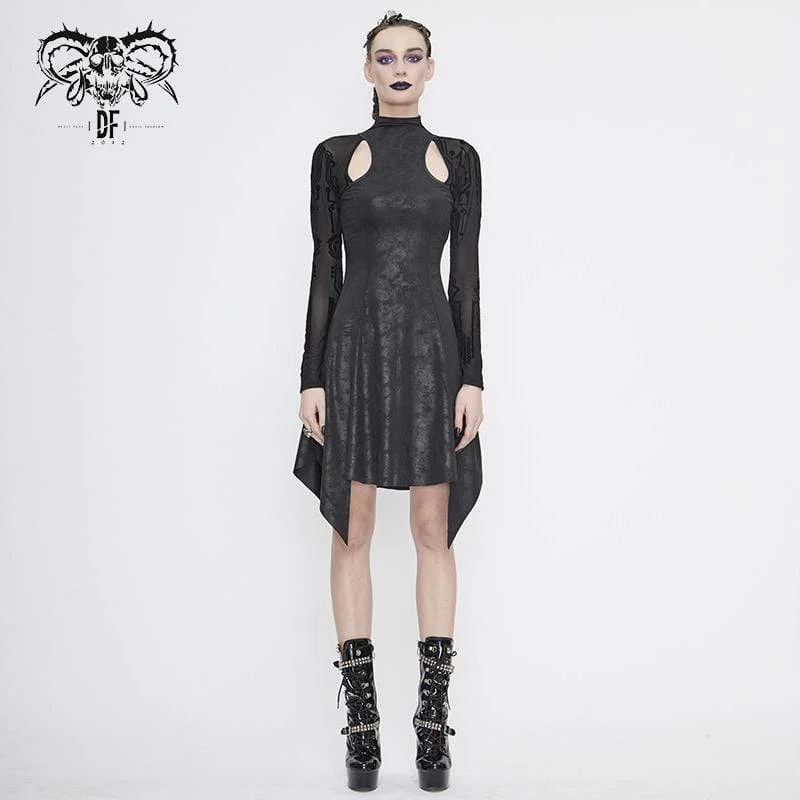 Black Dresses for Versatile -Women's Gothic Asymmetrical Flared Long Sleeved Dresses with Tear-Drop Cut-out Details