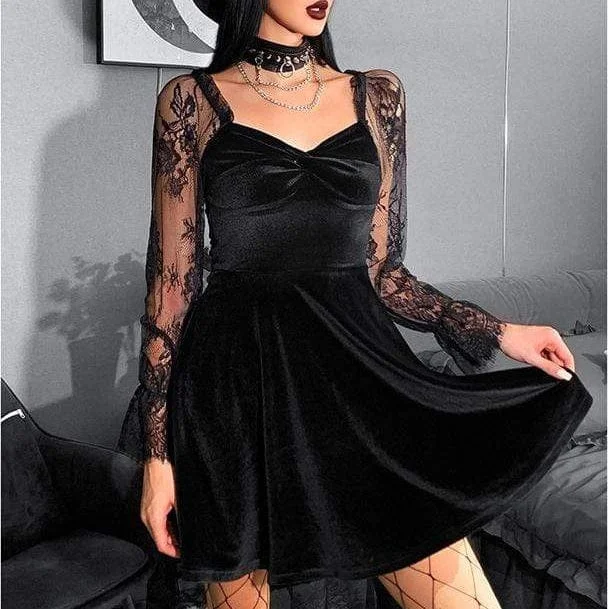 Sleeveless Dresses for Coolness -Women's Gothic Lace Sleeved Splice Velvet Wedding Dress