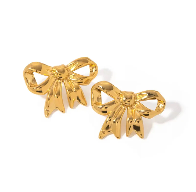 Stackable rings with mixed metal finishes -Gold Bow Stud Earring