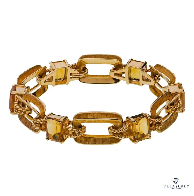 Bracelets with vintage claw-set gemstones -Vintage Retro 18.90ctw Emerald cut Citrine Line Link 14k Yellow Gold Bracelet