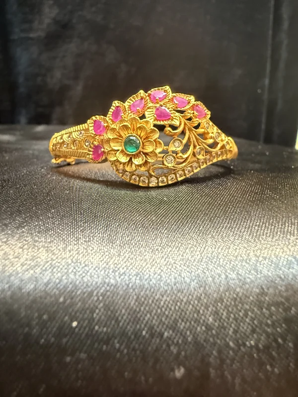 Bangles with herkimer diamonds for raw clarity -Beautiful Gold Plated With Hot Pink And White Stone Bracelet With Flower And Leaf Shape