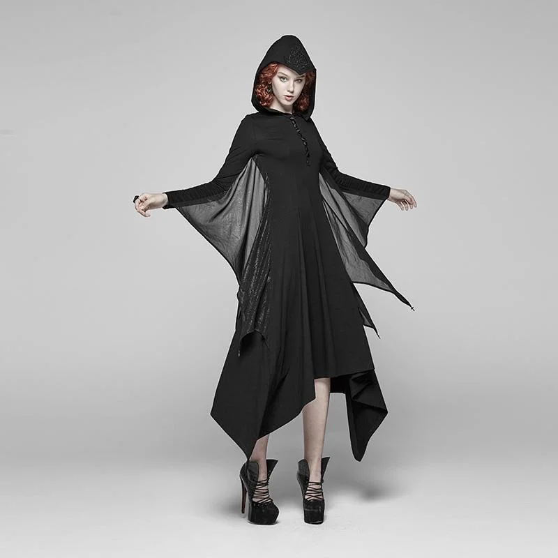 Hippie Dresses with Beads -Women's Goth Flare Long Sleeve Iregular Maxi Dress With Hood