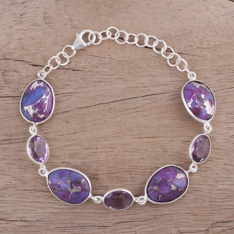 Bangles with hammered silver for rustic appeal -Gleaming Lilac Amethyst and Purple Turquoise Bracelet from India