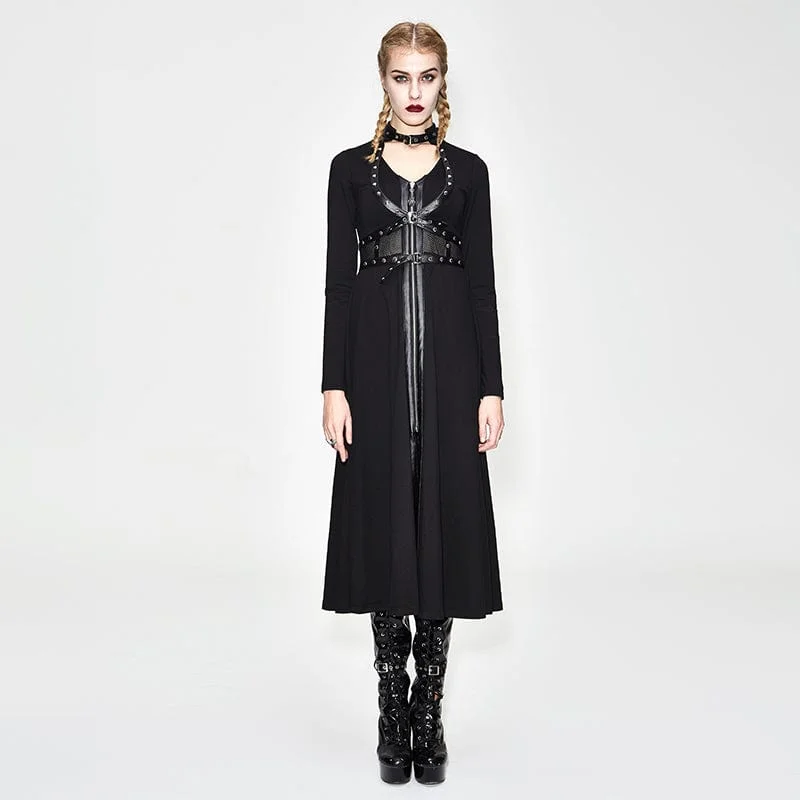 Tie-up Dresses for Decorative -Women's Faux Leather Trimmed long Punk Dress