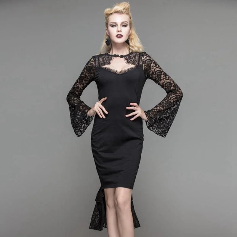 Ball Gown Dresses for Glamour -Women's Peekaboo Lace Sleeved Punk Dress