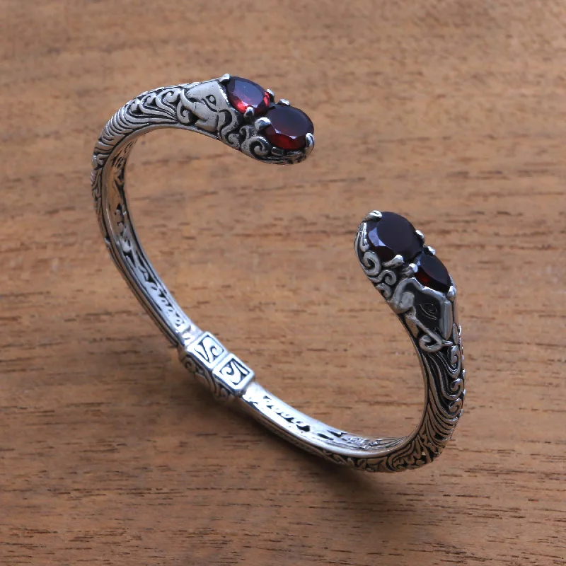 Bangles with rose-cut gems for vintage -Elephant's Treasure Garnet and Sterling Silver Elephant Motif Cuff Bracelet