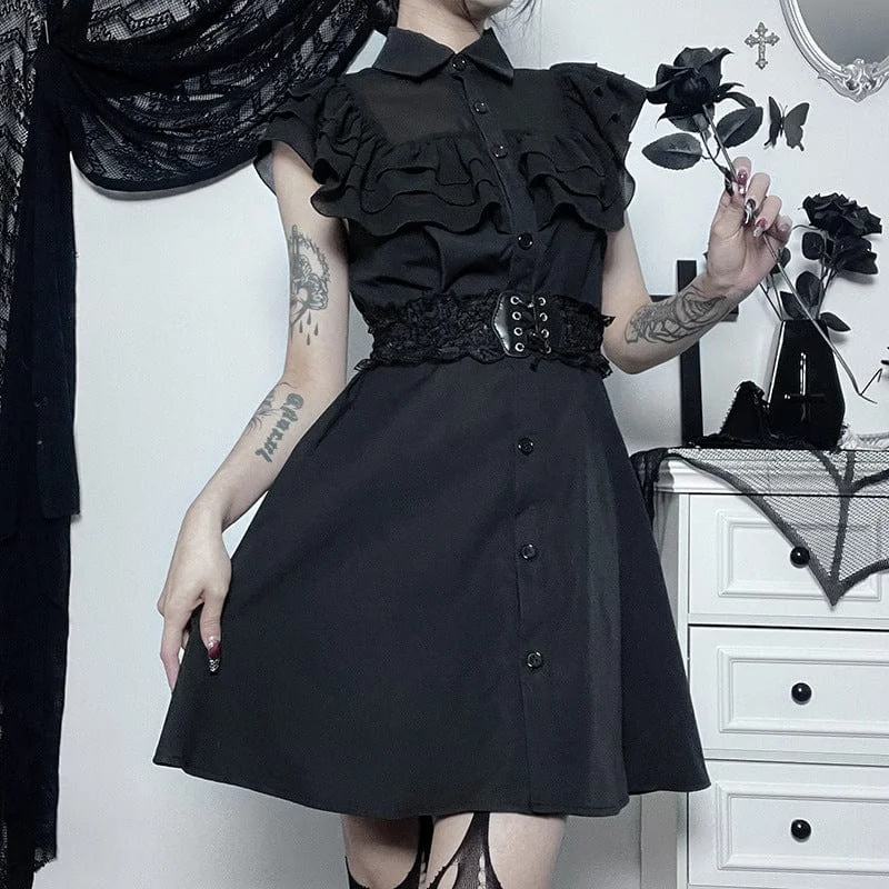 Gray Dresses for Subtle -Women's Gothic Turn-down Collar Ruffled Dress