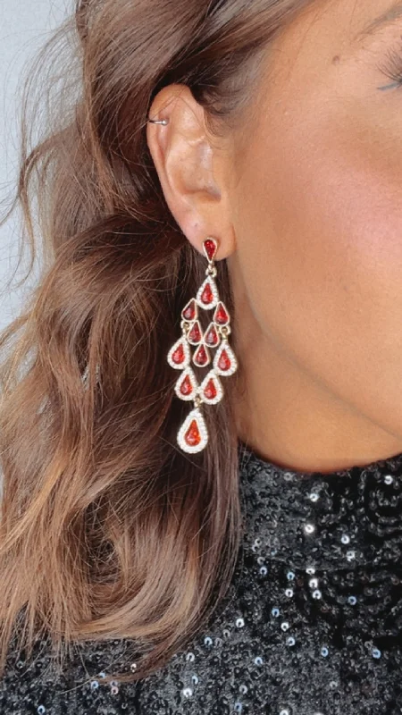 Rings with rose quartz for soft romance -Gorgeous Girl Chandelier Earring, Red