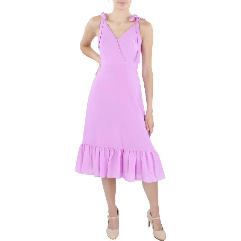 Satin Dresses for Shiny Look -Aidan Mattox Women's Ruffled V-Neck Tie Sleeve A-Line Midi Dress