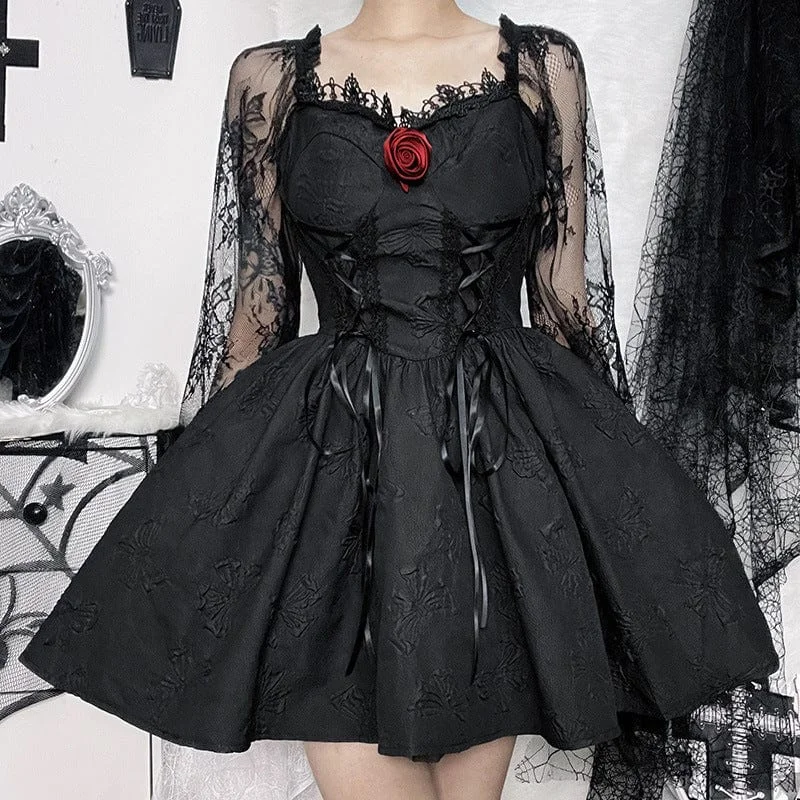 Satin Dresses for Shiny Look -Women's Gothic Lace Sleeved Rose Draped Dress