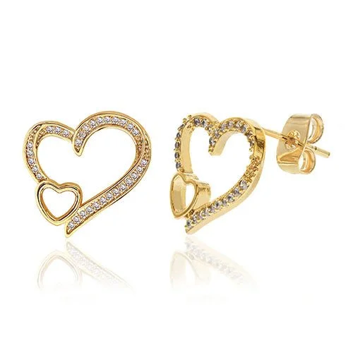 Rings with bold ruby stones for drama -Diamond Look Cubic Zirconia Micro Pave Double Heart Earring