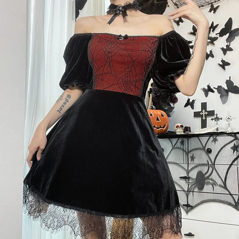 Halter Dresses for Chic Style -Women's Gothic Puff Sleeved Lace Hem Velvet Dress