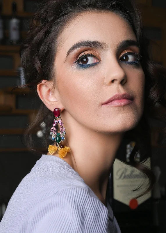 Rings with smoky quartz for muted elegance -Odette Women Multicolour Drop Earring With Yellow Tassel Hangings