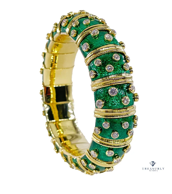 Bracelets with crescent moon for lunar appeal -Tiffany & Co. Schlumberger Green Enamel Diamond Bangle Bracelet 18kt Gold France