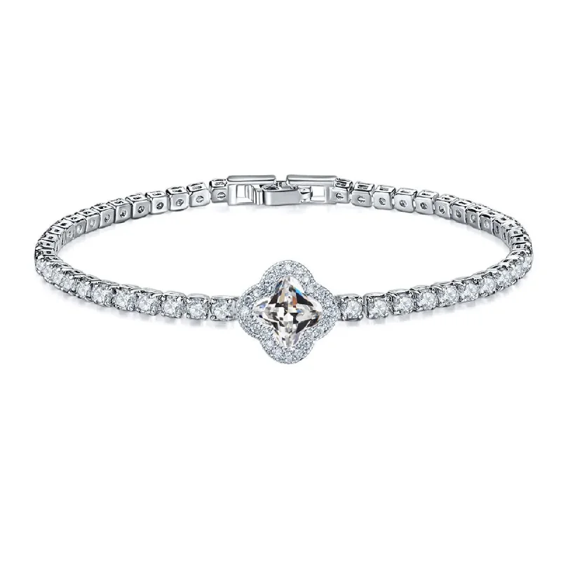 Bangles with personalized initial charm engravings -Elegant Crystal Clover Tennis Bracelet - Sparkling Sophistication