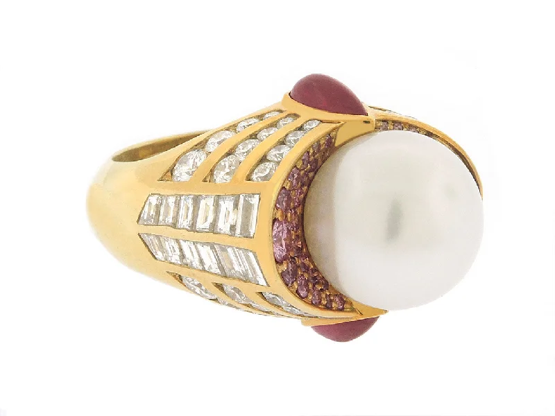 Rings with pave-set gemstones for brilliance -South Sea Pearl, Diamond and Ruby Ring in 18K