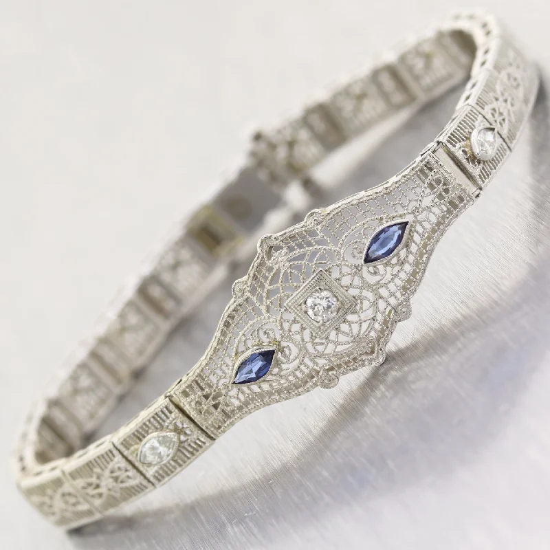 Bangles with rose quartz for soft pink -1930 Art Deco 14k White Gold .50ct Marquise Sapphire & Diamond Filigree Bracelet