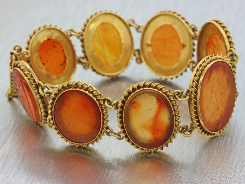 Bracelets with wave engravings for ocean vibes -1890s Persian Antique Victorian 22k Yellow Gold Carved Orange Agate Bracelet