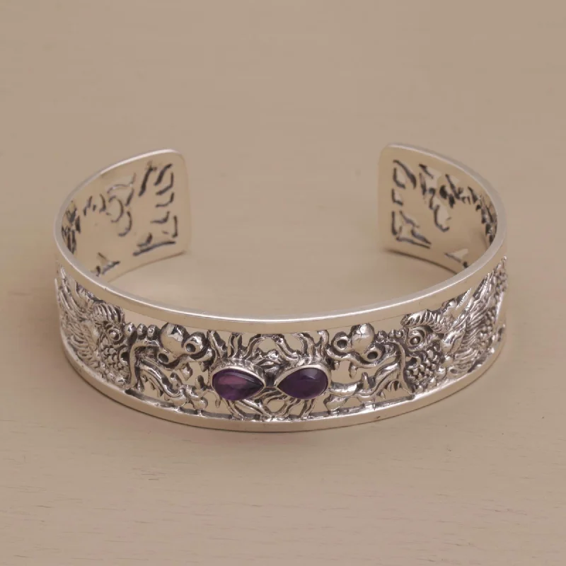 Bracelets with adjustable chains for perfect fit -Dragon Duel Dragon Themed Sterling Silver and Amethyst Cuff Bracelet