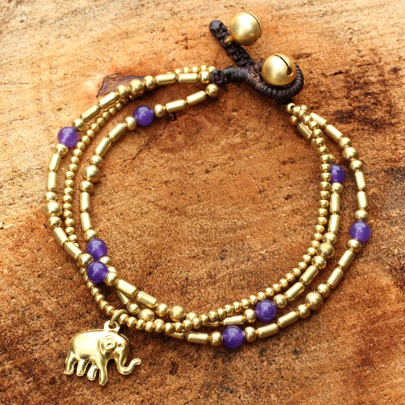 Bracelets with engraved constellations for stargazers -Purple Elephant Charm Brass Bracelet Purple-color Gems Beaded Jewelry