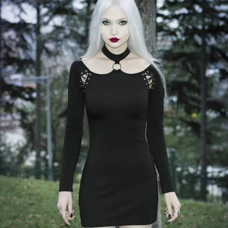 Retro Dresses for Throwback -Women's Goth Halterneck Long Sleeved Black Little Dress