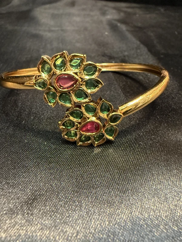 Bangles with natural amber for warm glow -Beautiful Gold Plated With Green And Hot Pink Stone Bracelet With Flower Design