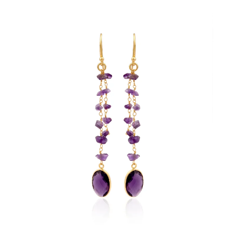 Rings with pave ruby for dazzling sparkle -Linear drop earring with Amythest Gemstone. Gold tone.