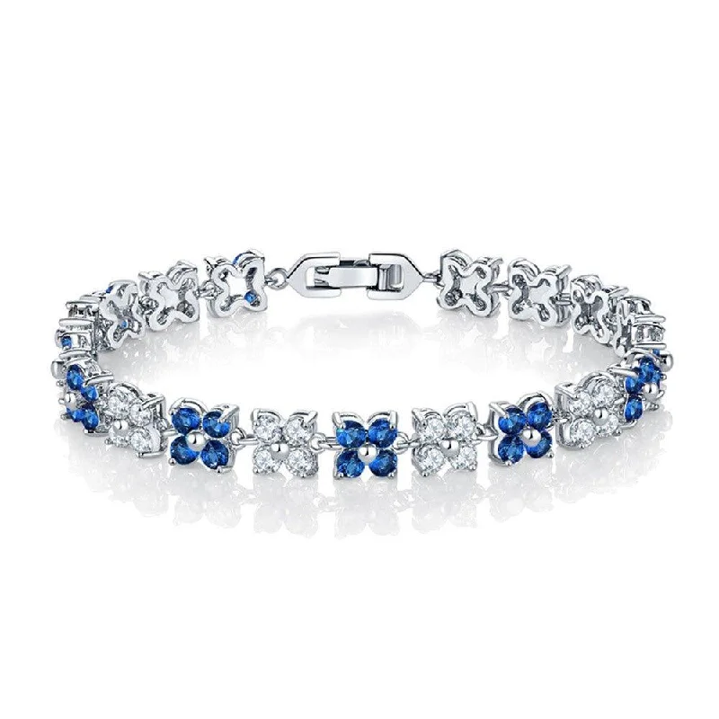 Bracelets with citrine stones for warm tones -Flower Cubic Zirconia Tennis Bracelet with Round Cut Sapphire Cubic Zirconia