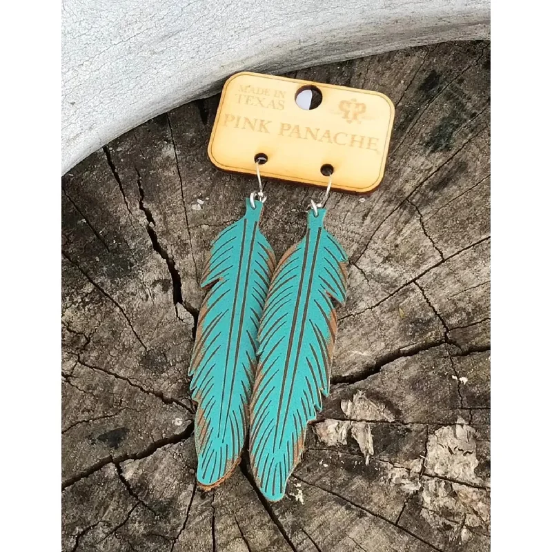 Rings with labradorite stones for mystic flash -Turquoise Leather Feather Earring