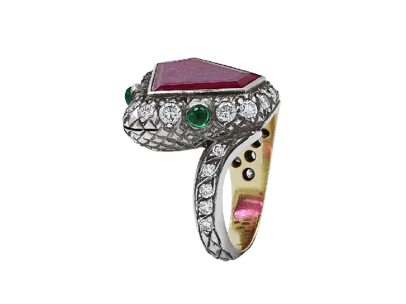 Rings with sunstone gems for fiery sparkle -Rubellite, Diamond and Emerald Snake Ring in Silver over Gold