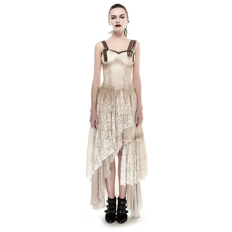 Nylon Dresses for Stretchable -Women's Steampunk Irregular Lace Maxi Slip Dress Khaki