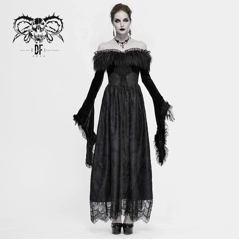 Ethnic Dresses with Tribal Design -Women's Gothic Faux Fur Off-shoulder Lace Dresses Wedding Dress