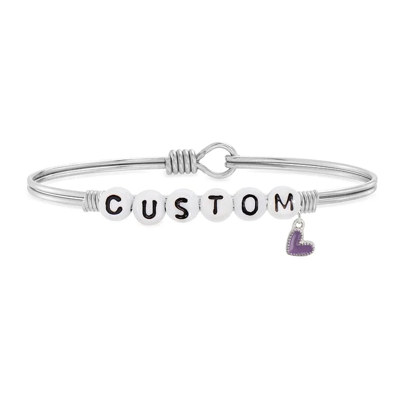 Bangles with sleek opal for iridescent charm -Personalized Letter Bead Bangle Bracelet with Purple Heart Charm