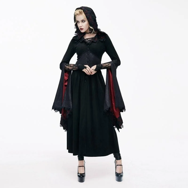 Gothic Dresses with Dark Tone -Women's Goth Ankle Dress With Hood and Angel Sleeves