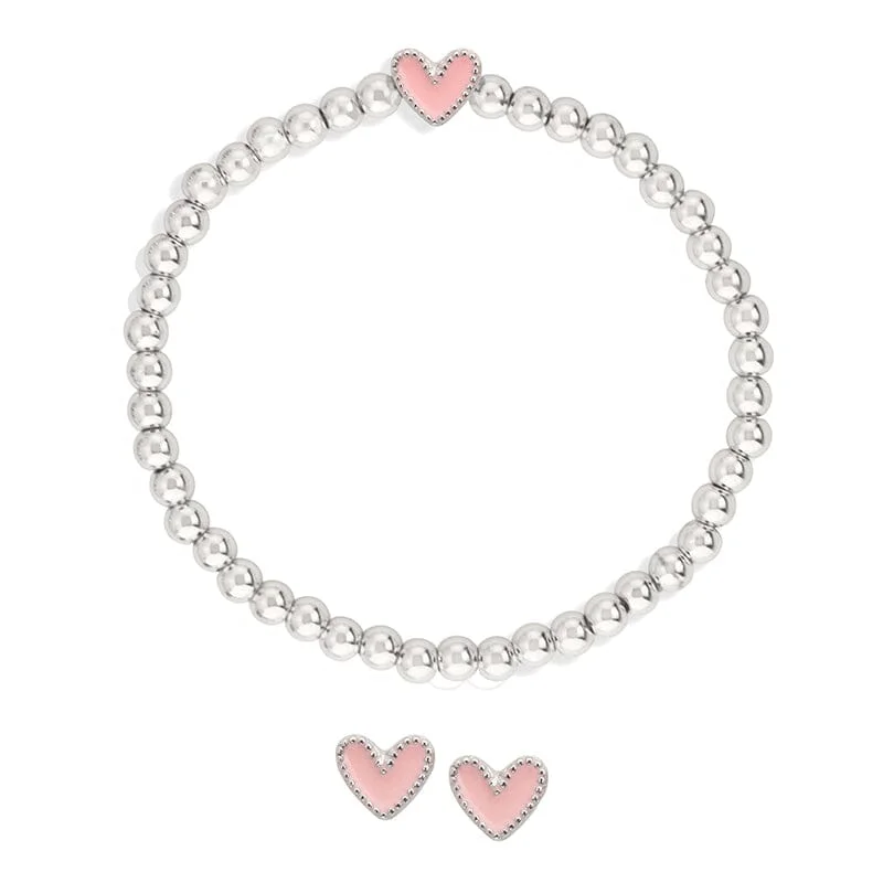 Gold bracelets with delicate diamond charm accents -Heart Stretch Bracelet + Stud Earring Set In Pink