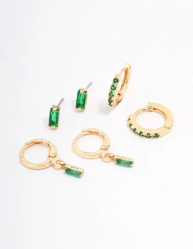 Rings with branch-inspired bands for organic -Lovisa Premium Gold Plated Emerald Baguette Earring 3-Pack | Hypoallergenic | Timeless, Elegant, Sophisticated Statement Pieces