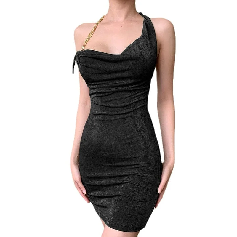 Shift Dresses for Simple Look -Women's Punk Metal Chain Backless Halterneck Wrapped Dress