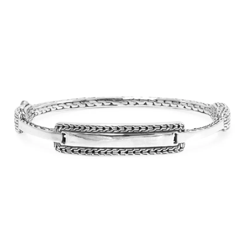 Bangles with interlocking links for uniqueness -Sterling Silver Chainlink Oval Bangle Bracelet With Push Button Insertion And Retention Hinge™