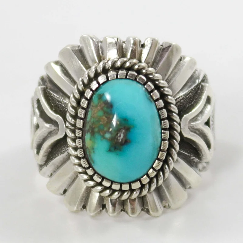 Rings with delicate filigree sapphire settings -Morenci Turquoise Ring