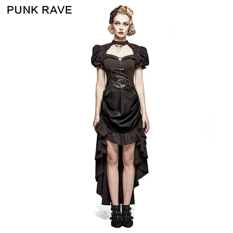 Prom Dresses for School Dance -Women's Steampunk Coffee Puff Sleeves High Low Ruffles Dress