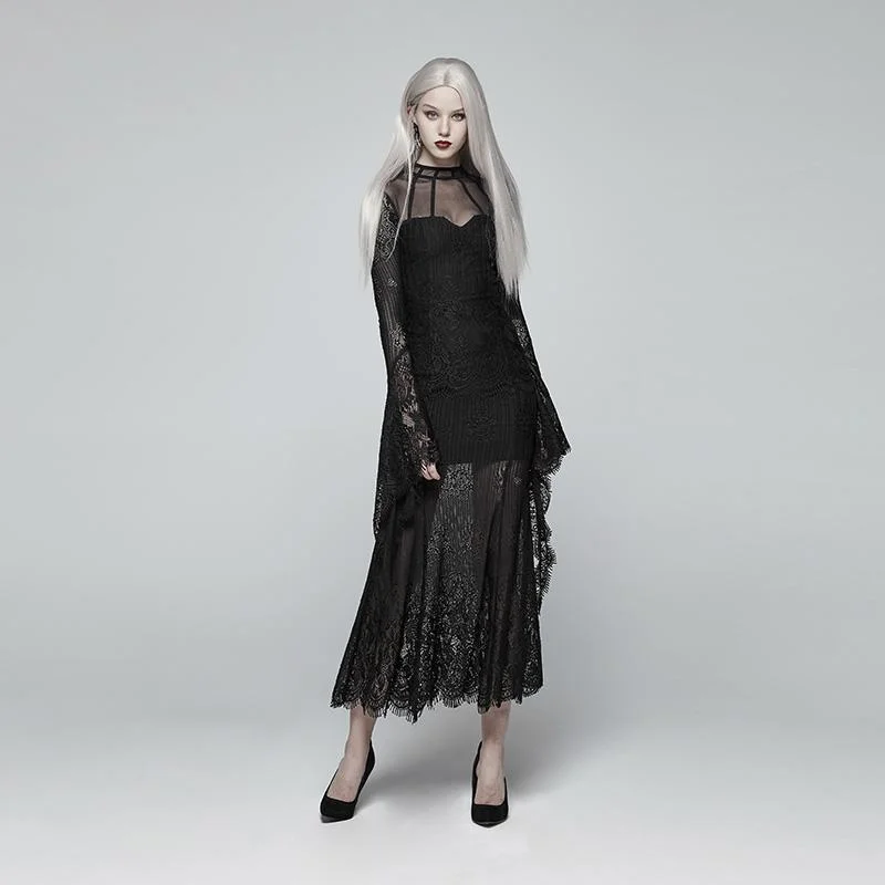 Office Dresses for Business -Women's Goth Translucence Long Sleeved Floral Lace Maxi Dress