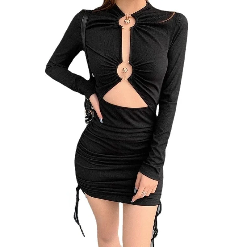 Punk Dresses with Spikes -Women's Grunge Cutout Drawstring Dress