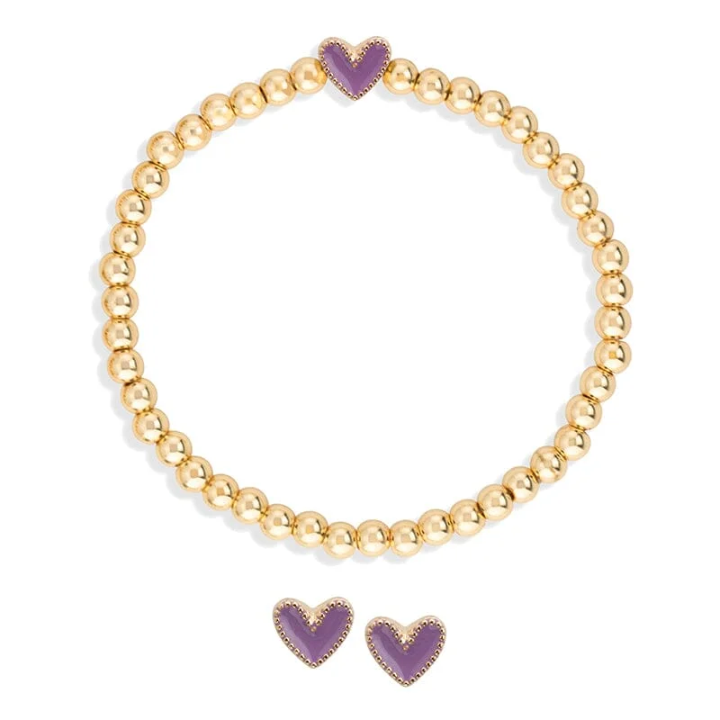 Bracelets with delicate amethyst for purple glow -Heart Stretch Bracelet + Stud Earring Set In Purple