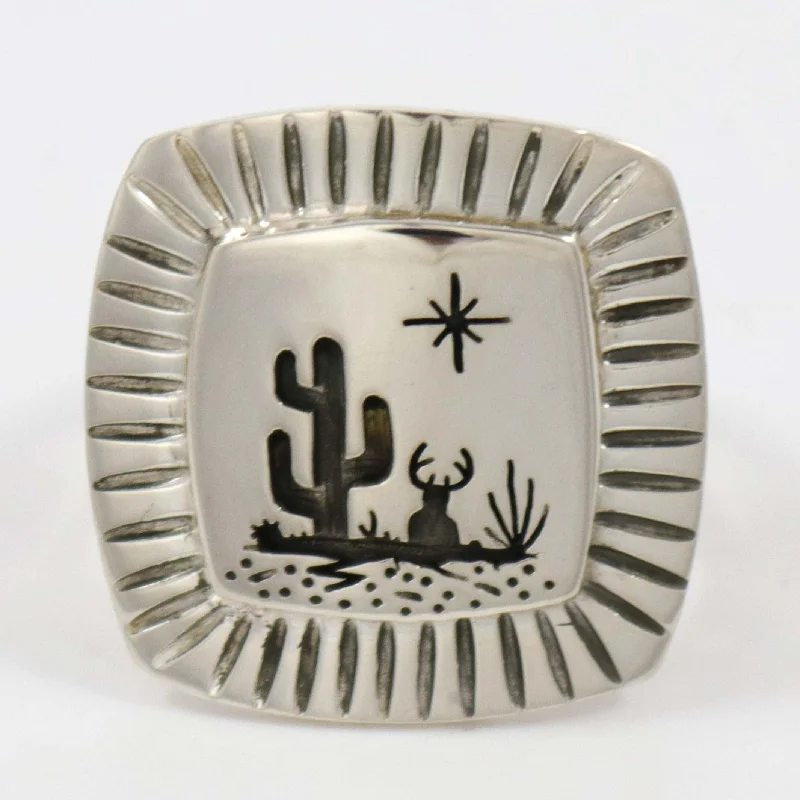 Rings with etched floral bands for detail -Desert Scene Ring