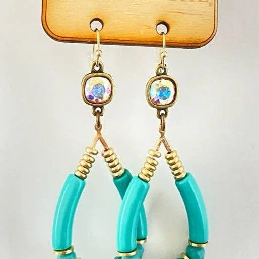 Rings with natural amber for warm glow -Turquoise bamboo teardrop, Austrian crystal earring, Blue