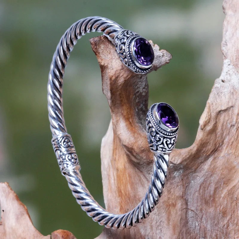 Bracelets with lotus motifs for spiritual vibe -Bali Splendor Bali Jewelry Sterling Silver Cuff Bracelet with Amethyst