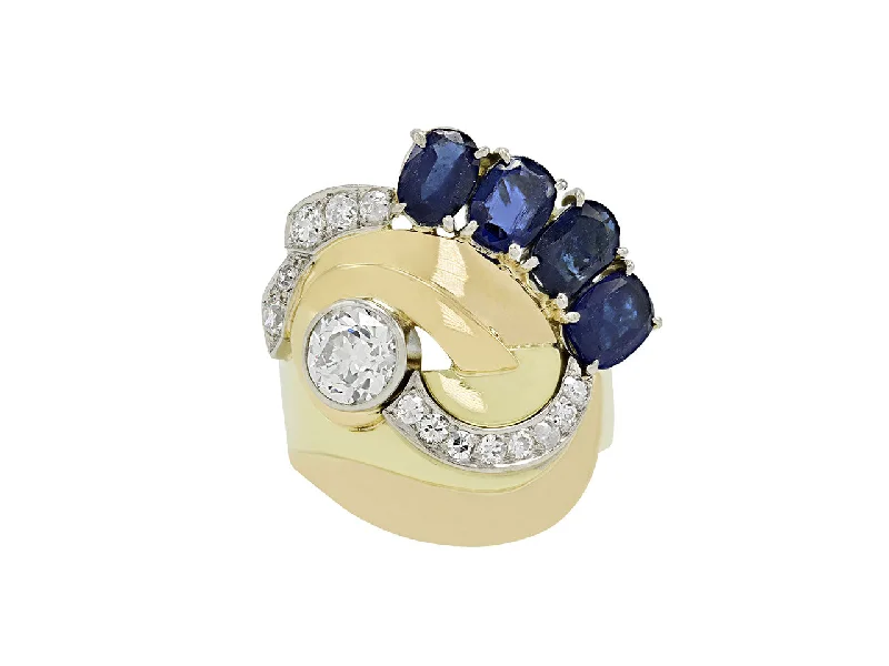 Rings with vintage claw prongs for elegance -Retro Sapphire and Diamond Ring in 18K Gold