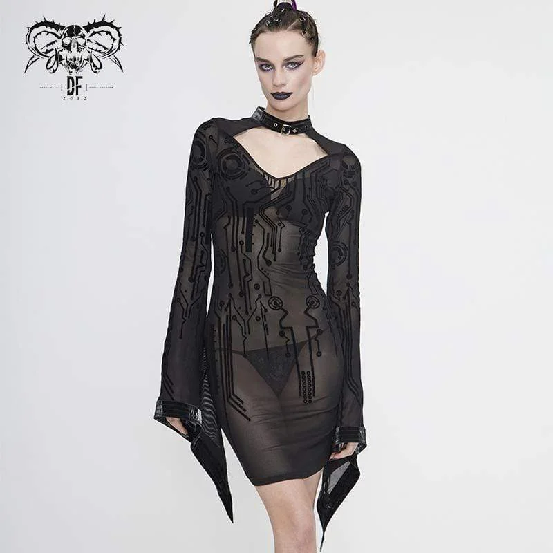 Yellow Dresses for Bright -Women's Gothic Black Sheer Lace Long Tulip Sleeved Short Shift Dresses